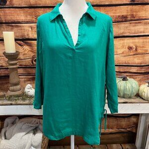 Sigrid Olsen Deep Aqua Women's 3/4 Sleeve 100% Linen Top Size M